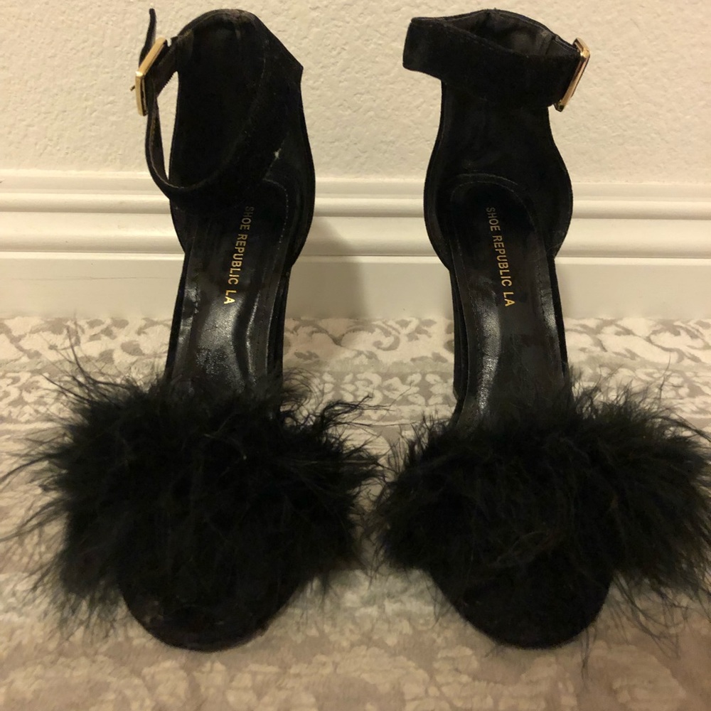 Shoe Republic Black Fluffy Strappy Heels